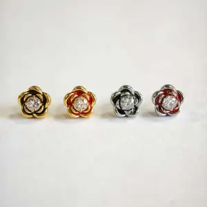 Women Fashion Elegant Rose Zircon 316L Stainless Steel Floral Stud Earrings