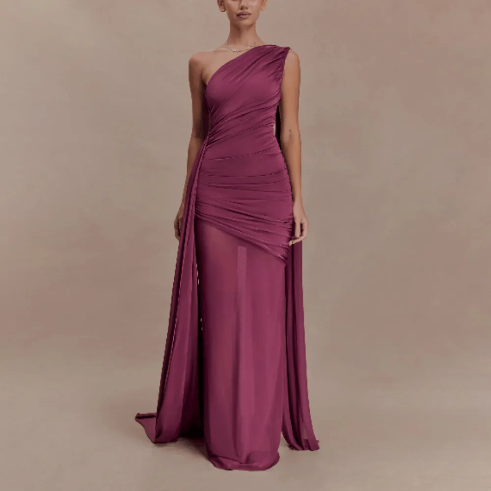 Women Fashion Sexy Elegant Solid Color Mesh Stitching Slant-Shoulder Pleated Party Dress