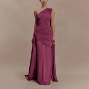 Women Fashion Sexy Elegant Solid Color Mesh Stitching Slant-Shoulder Pleated Party Dress
