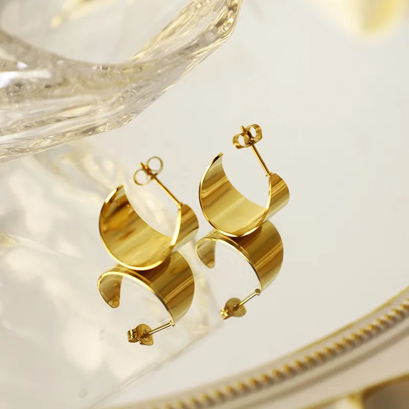 Women Fashion Simple C Type Large Wide 316L Stainless Steel Earrings
