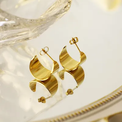 Women Fashion Simple C Type Large Wide 316L Stainless Steel Earrings