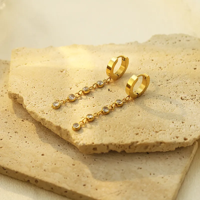 Women Fashion Elegant Three-Link Zircon Chain Pendant 316L Stainless Steel Earrings