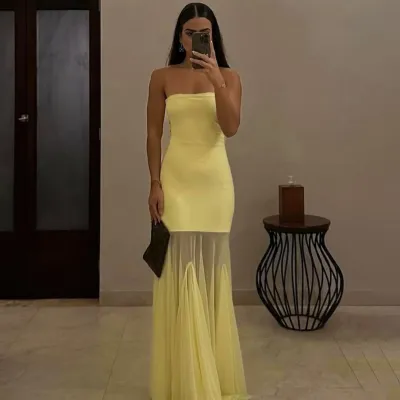 Women Fashion Sexy Summer Solid Color Mesh Tube Top Dress