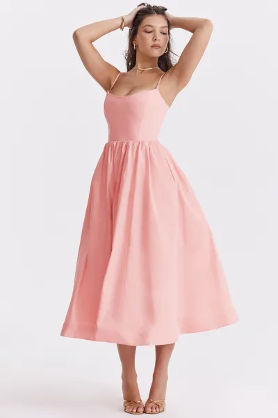 Summer Women Fashion Solid Color Strap A- Line Midi Dress