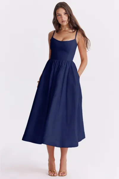 Summer Women Fashion Solid Color Strap A- Line Midi Dress