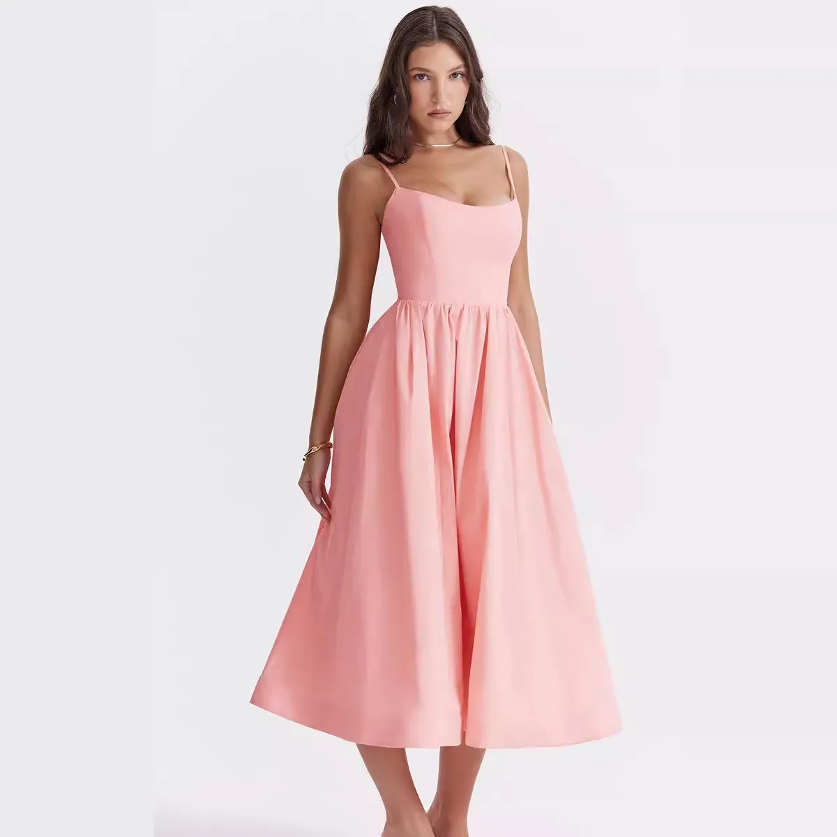 Summer Women Fashion Solid Color Strap A- Line Midi Dress