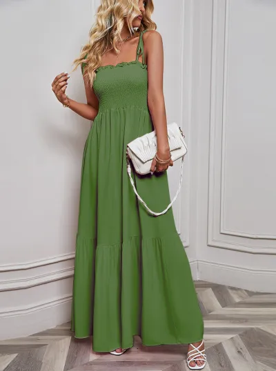 Spring And Summer Women Casual Solid Color Strap A Line Maxi Dress