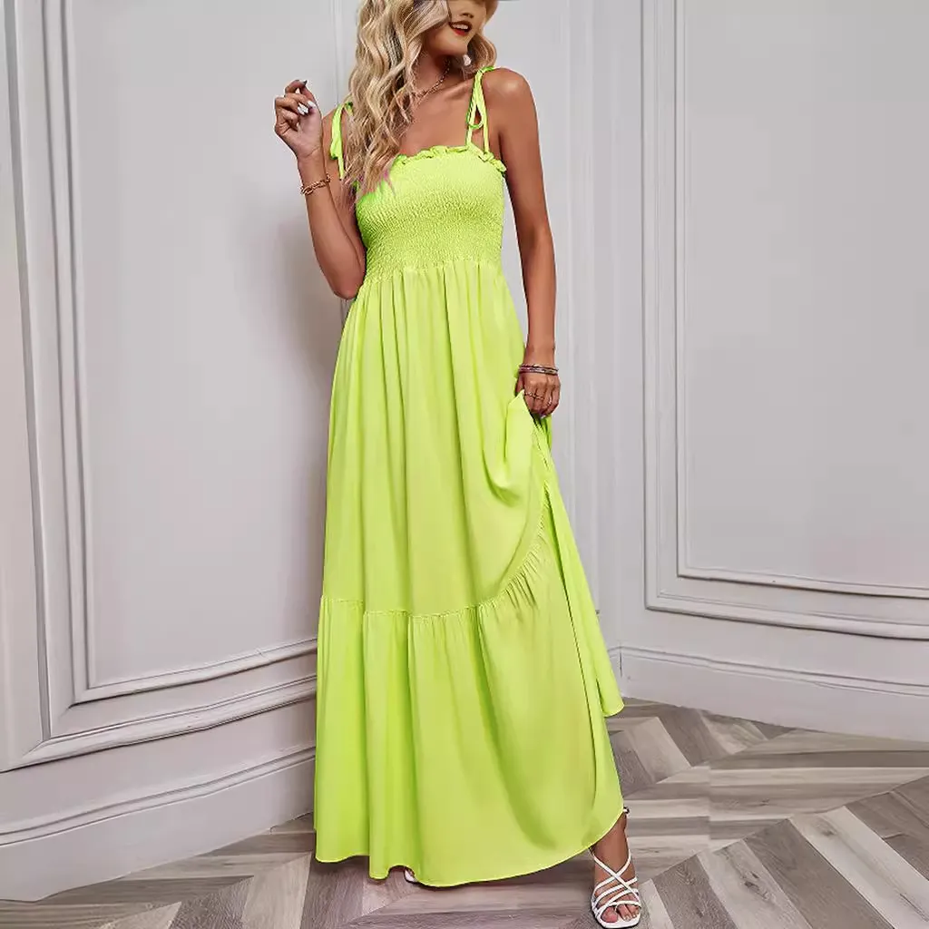 Spring And Summer Women Casual Solid Color Strap A Line Maxi Dress