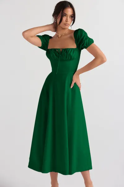 Women Fashion Casual Summer Solid Color Flower Printed Puff Sleeve Lace-Up Split A Line Dress