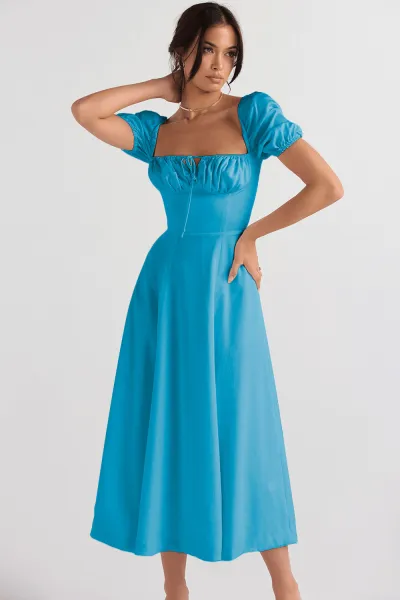 Women Fashion Casual Summer Solid Color Flower Printed Puff Sleeve Lace-Up Split A Line Dress