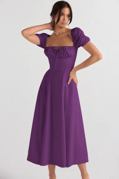Women Fashion Casual Summer Solid Color Flower Printed Puff Sleeve Lace-Up Split A Line Dress