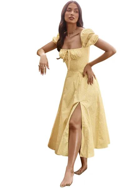 Women Fashion Casual Summer Solid Color Flower Printed Puff Sleeve Lace-Up Split A Line Dress