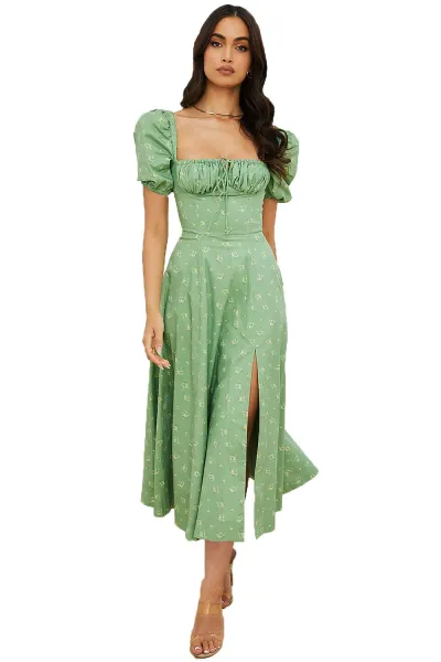 Women Fashion Casual Summer Solid Color Flower Printed Puff Sleeve Lace-Up Split A Line Dress
