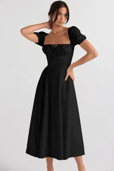Women Fashion Casual Summer Solid Color Flower Printed Puff Sleeve Lace-Up Split A Line Dress