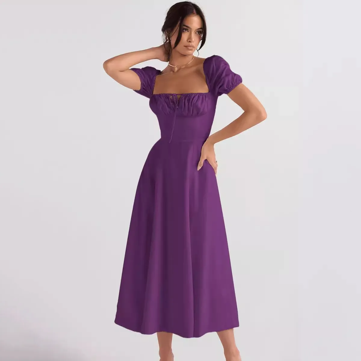 Women Fashion Casual Summer Solid Color Flower Printed Puff Sleeve Lace-Up Split A Line Dress