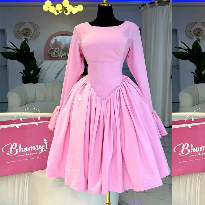 Women  Summer Elegant Round Neck Long Sleeve High Waist A-Line Dress