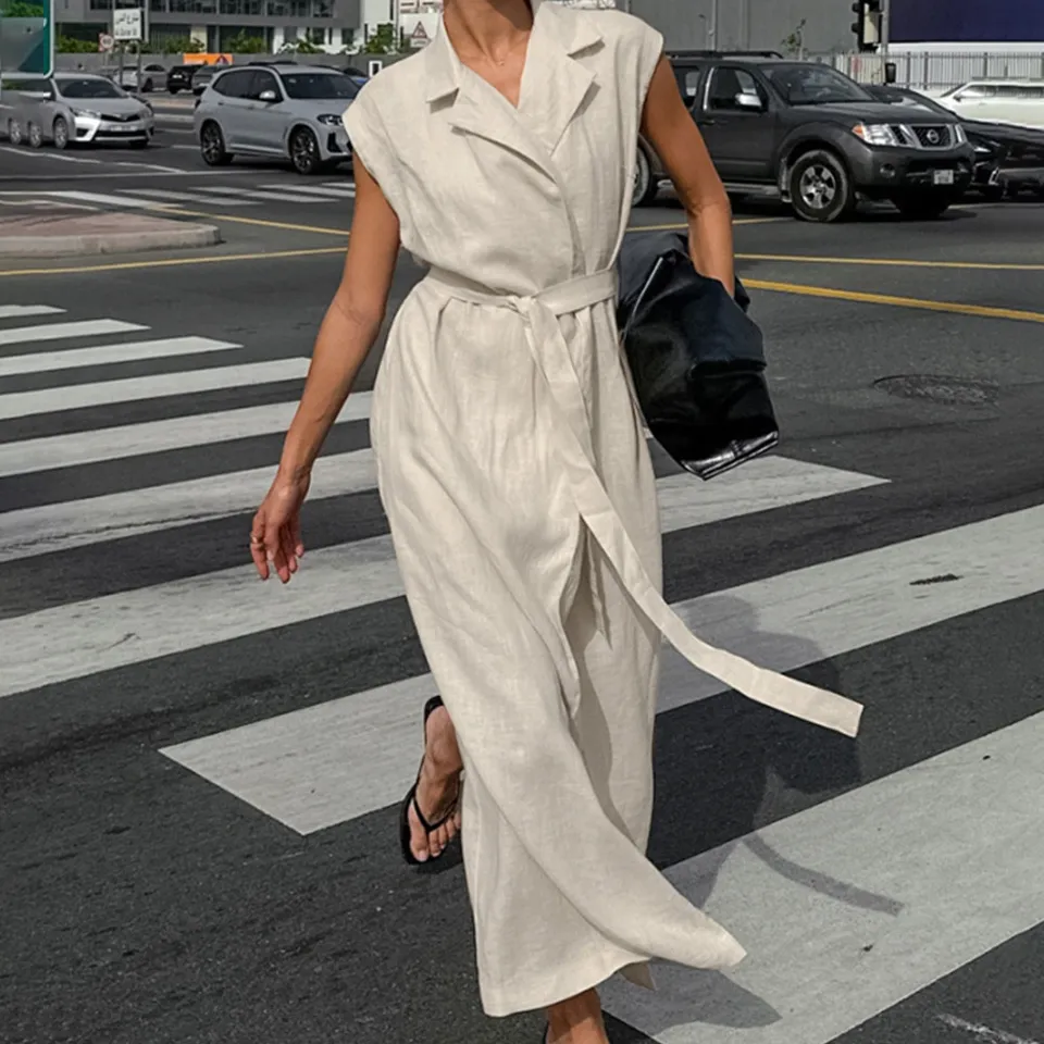 Women Fashion Casual Summer Solid Color Cotton And Linen Lapel Sleeveless Lace-Up Loose Dress