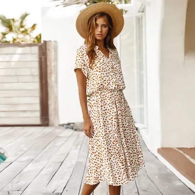 Vacation Women Fashion Casual Summer Polka Dot Print Short Sleeve Loose Dress