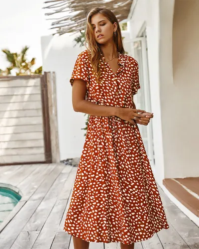 Vacation Women Fashion Casual Summer Polka Dot Print Short Sleeve Loose Dress