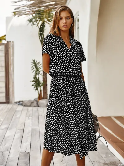 Vacation Women Fashion Casual Summer Polka Dot Print Short Sleeve Loose Dress