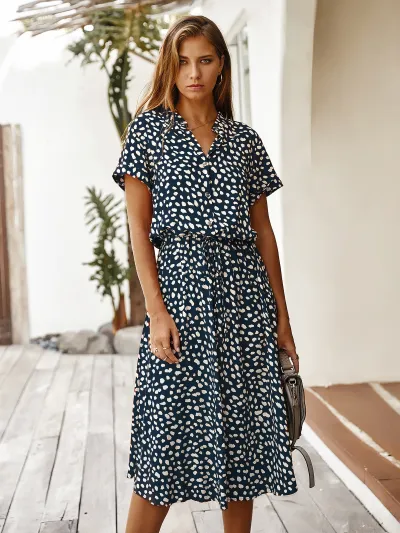 Vacation Women Fashion Casual Summer Polka Dot Print Short Sleeve Loose Dress