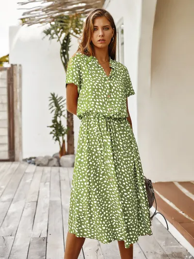 Vacation Women Fashion Casual Summer Polka Dot Print Short Sleeve Loose Dress