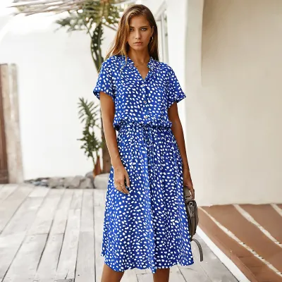 Vacation Women Fashion Casual Summer Polka Dot Print Short Sleeve Loose Dress