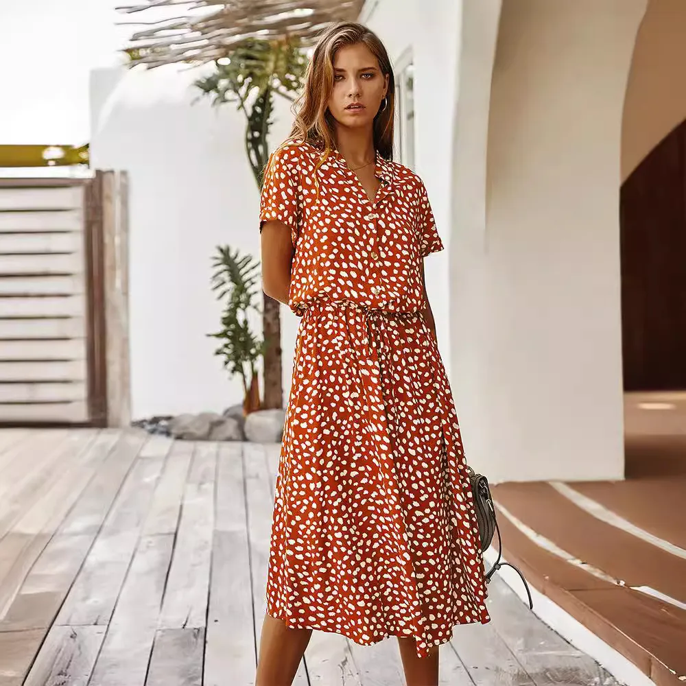 Vacation Women Fashion Casual Summer Polka Dot Print Short Sleeve Loose Dress