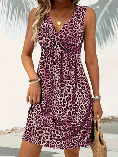 Vacation Women Fashion Casual Summer Leopard Print Sleeveless Loose Dress