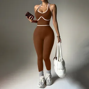 Women Fashion Sexy Color Contrast Halter-Neck Backless Sports Yoga Sports Jumpsuit