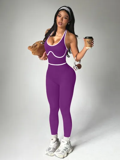 Women Fashion Sexy Color Contrast Halter-Neck Backless Sports Yoga Sports Jumpsuit