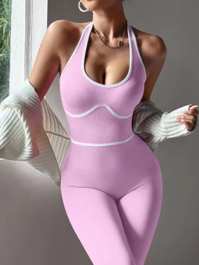 Women Fashion Sexy Color Contrast Halter-Neck Backless Sports Yoga Sports Jumpsuit