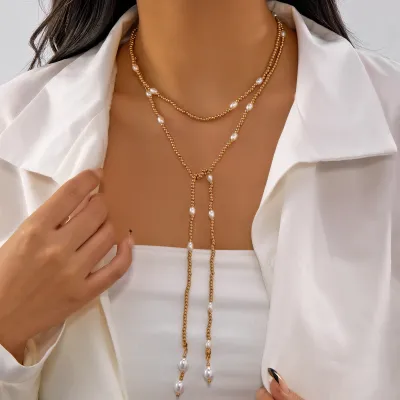 Women Fashion Long Turquoise Beaded Multi-Layer Stacked Necklace Alloy