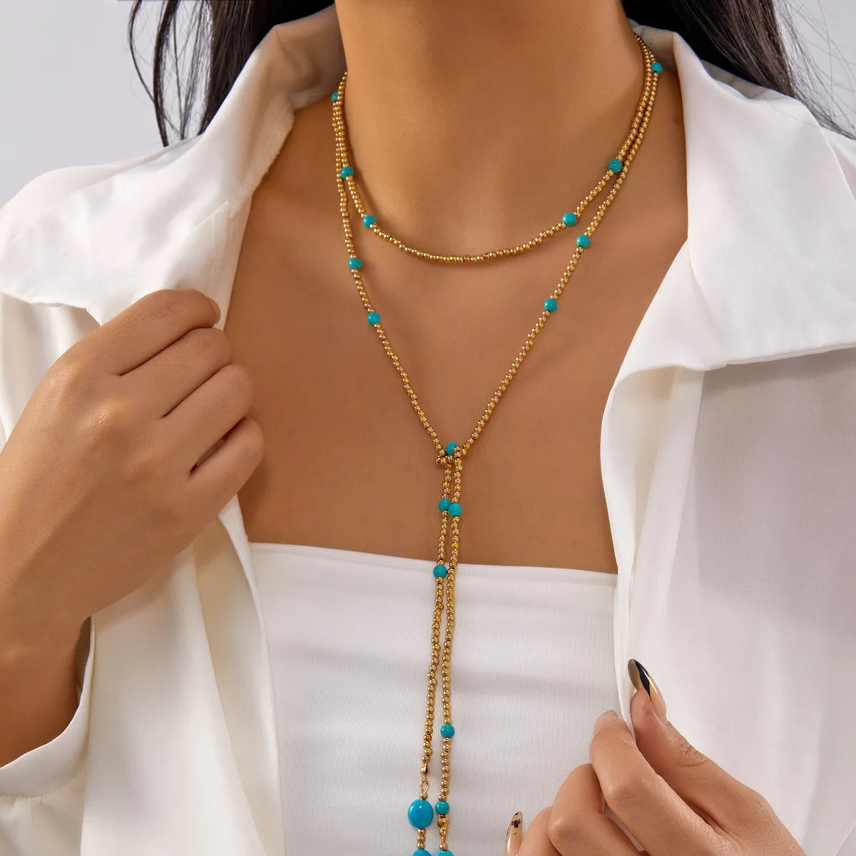 Women Fashion Long Turquoise Beaded Multi-Layer Stacked Necklace Alloy