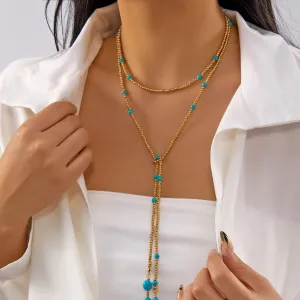Women Fashion Long Turquoise Beaded Multi-Layer Stacked Necklace Alloy