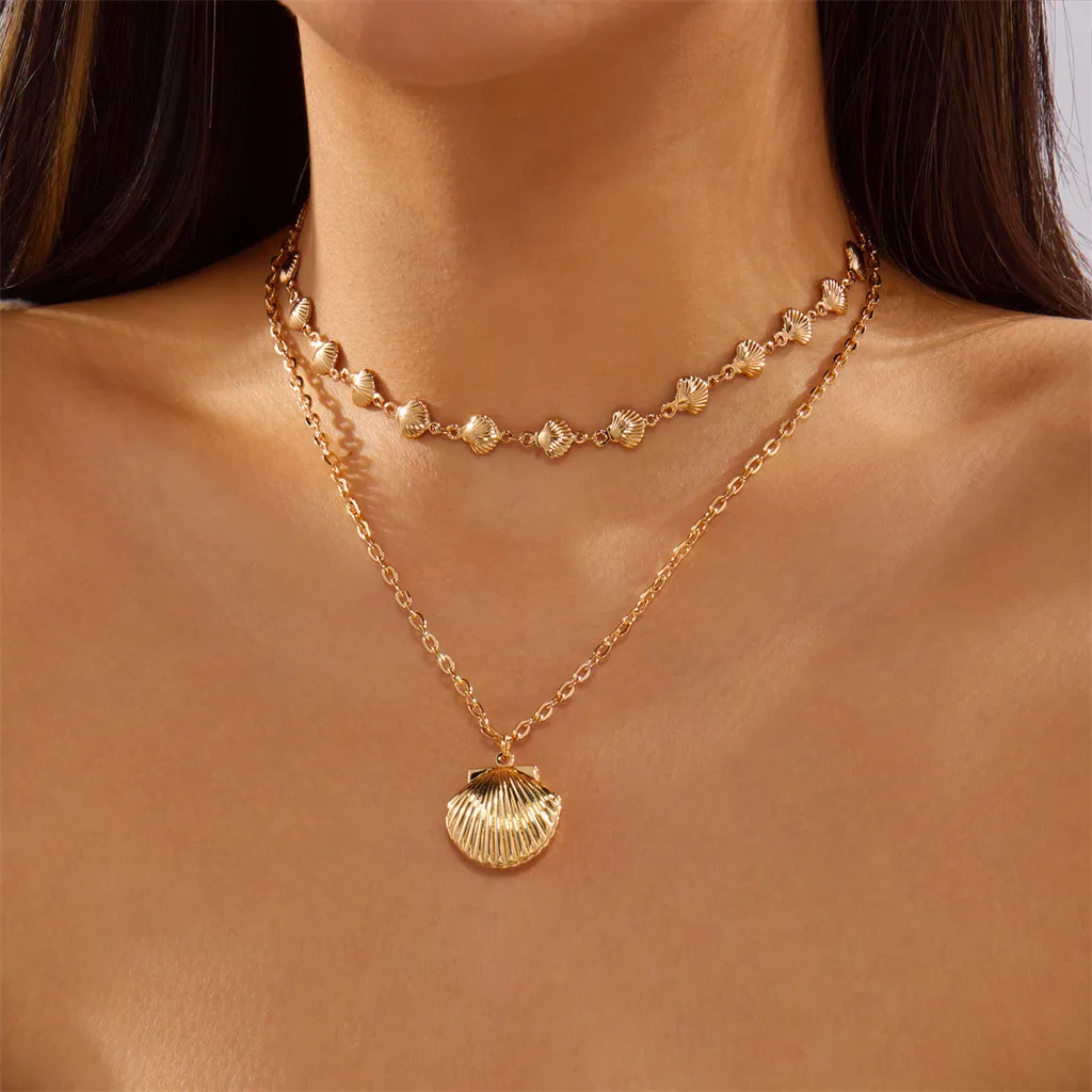 Women's Ocean Series Double Layer Gold Conch Shell Pendant Necklace