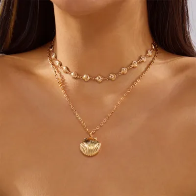 Women's Ocean Series Double Layer Gold Conch Shell Pendant Necklace