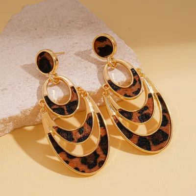 Women Fashion Retro Exaggerated Leopard Multi-Layer Hollow Round Silver Pin Earrings