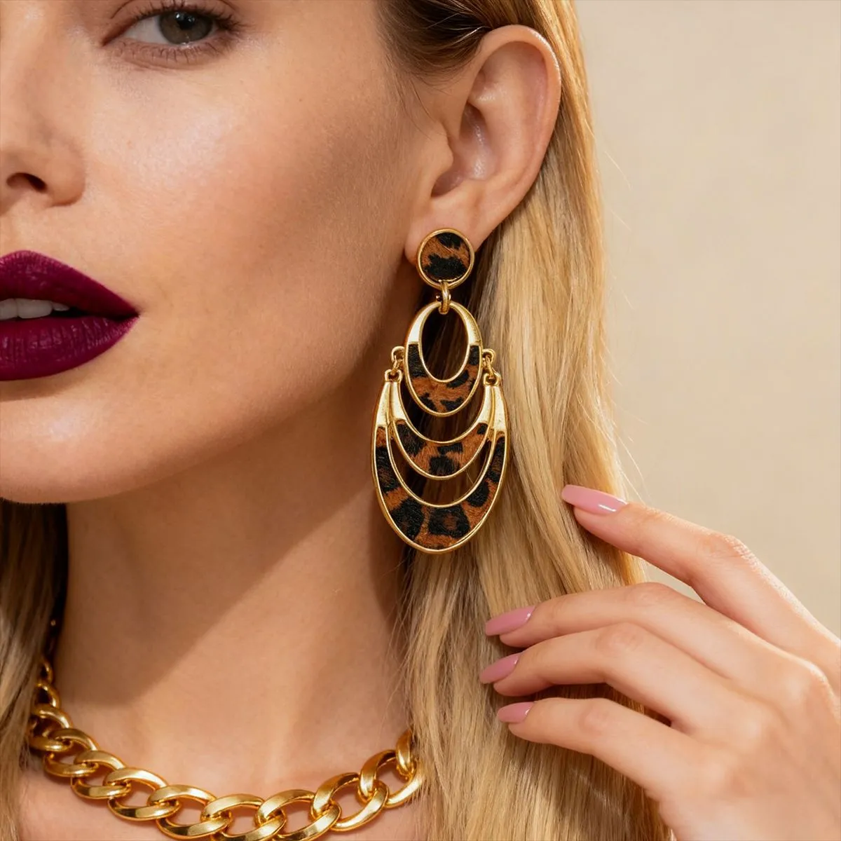 Women Fashion Retro Exaggerated Leopard Multi-Layer Hollow Round Silver Pin Earrings