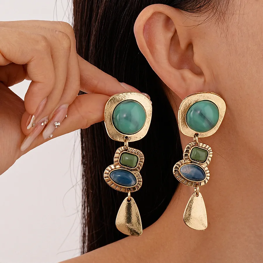 Women Fashion Retro Exaggerated Geometric Resin Square Oval Earrings