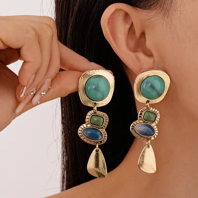 Women Fashion Retro Exaggerated Geometric Resin Square Oval Earrings