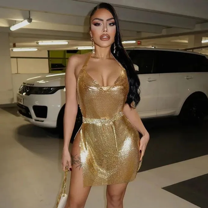 Women Fashion Sexy Summer Solid Color Halter-Neck Backless Metal Split Dress