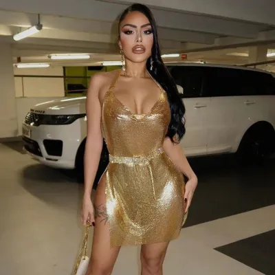 Women Fashion Sexy Summer Solid Color Halter-Neck Backless Metal Split Dress