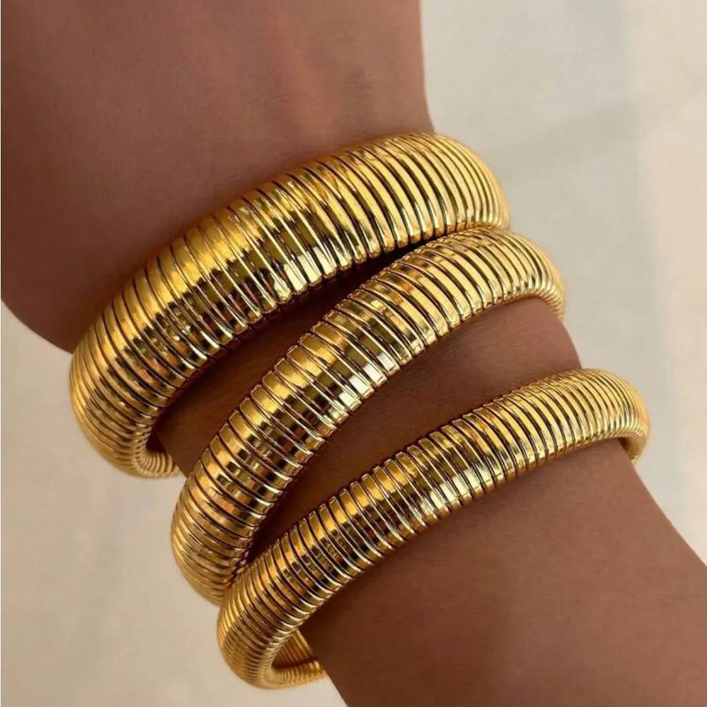 Exaggerated Gold Elastic Snake Bone Wide Bracelet for Women