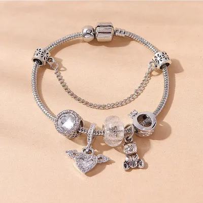Women Fashion Cute Angel Wings Bear Beaded Crystal Beads Crown Bracelet