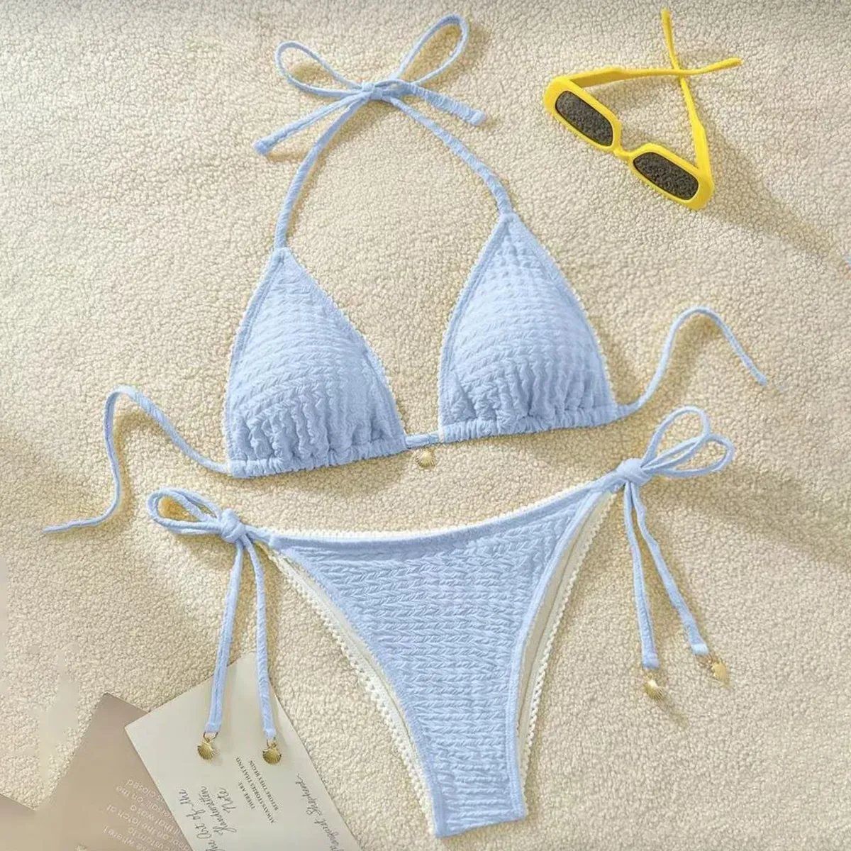 Women Fashion Sexy Solid Color Pleated Halter-Neck Lace-Up Bikini Swimsuit