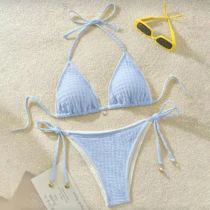 Women Fashion Sexy Solid Color Pleated Halter-Neck Lace-Up Bikini Swimsuit