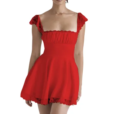 Women Fashion Sexy Summer Solid Color Lace Stitching Square Neck Sleeveless Backless A Line Dress