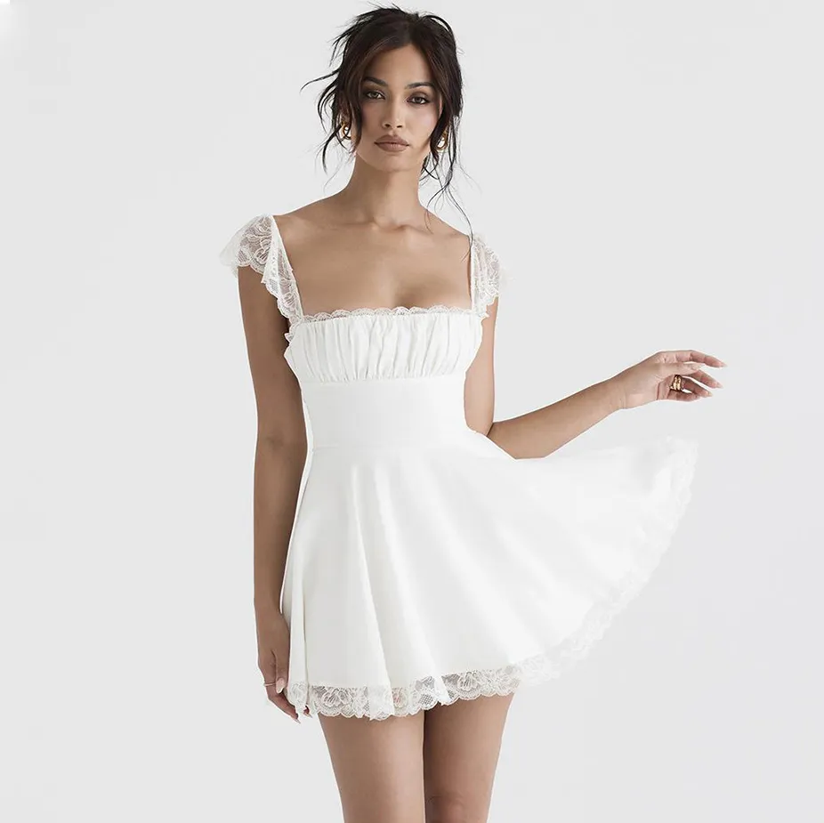Women Fashion Sexy Summer Solid Color Lace Stitching Square Neck Sleeveless Backless A Line Dress