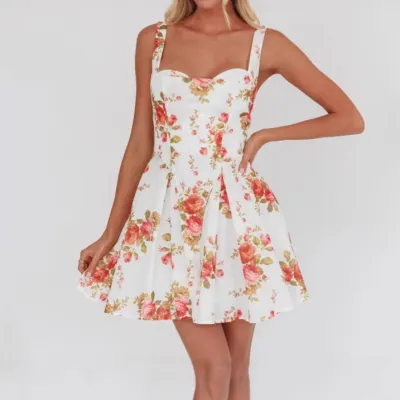 Women Fashion Sexy Summer Rose Print Square Neck Sleeveless A Line Dress